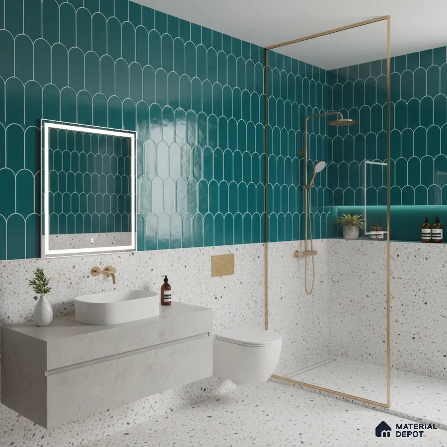 Modern bathroom with teal scallop wall tiles and terrazzo wall and floor tiles | Material Depot