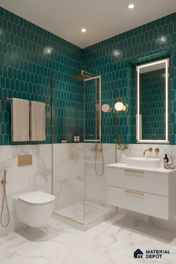 Modern bathroom with teal scallop wall tiles and white marble-look floor and wall tiles | Material Depot