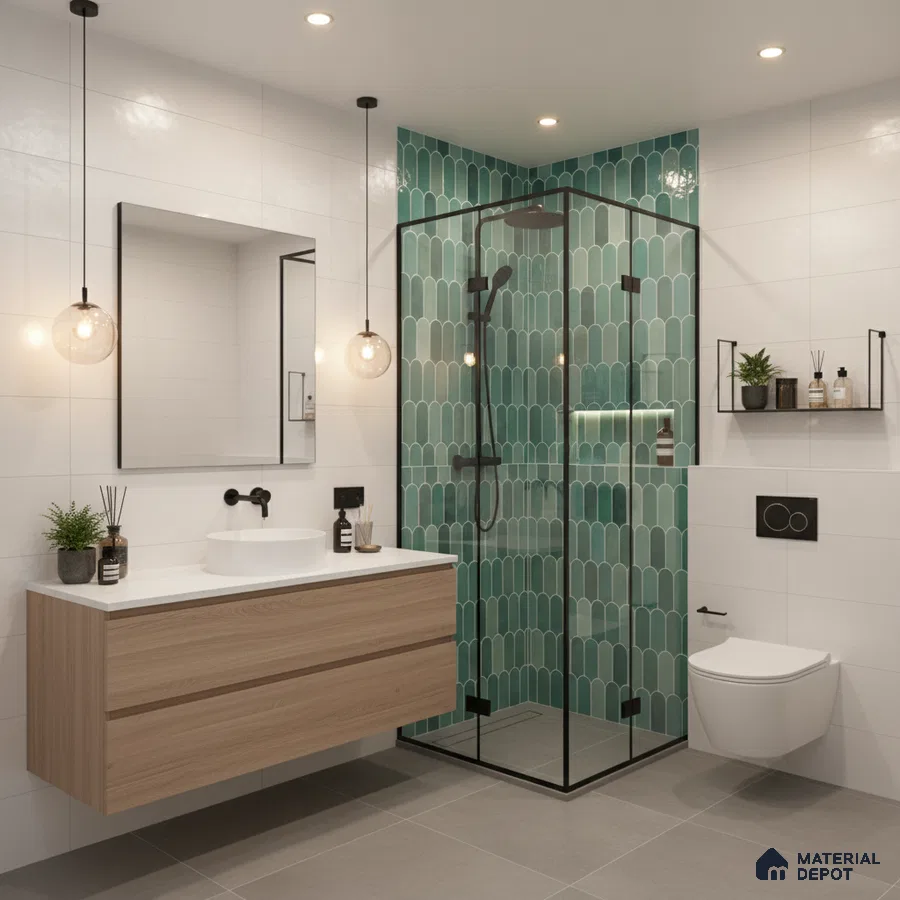 Modern bathroom with teal scallop wall tiles, white wall tiles, and light oak floating vanity | Material Depot