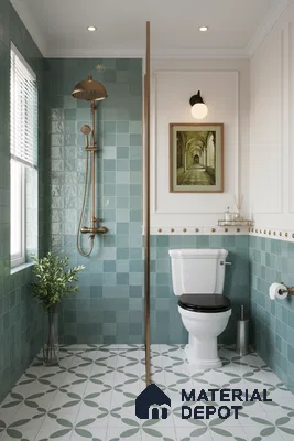 Modern bathroom with teal square wall tiles and green geometric patterned floor tiles | Material Depot