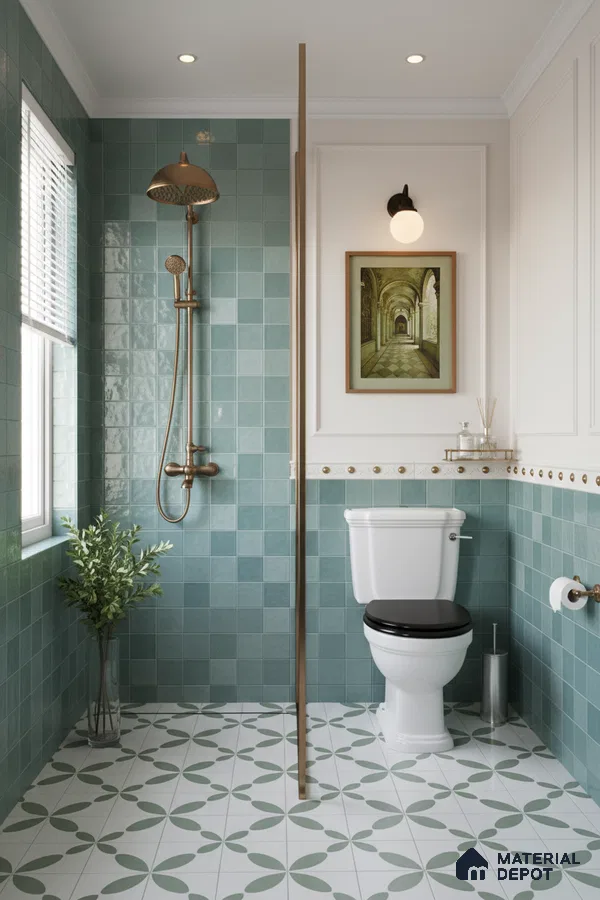 Modern bathroom with teal square wall tiles and green geometric patterned floor tiles | Material Depot