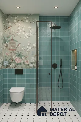 Modern bathroom with teal square wall tiles, chinoiserie floral wallpaper, and black-and-white geometric floor tiles | Material Depot