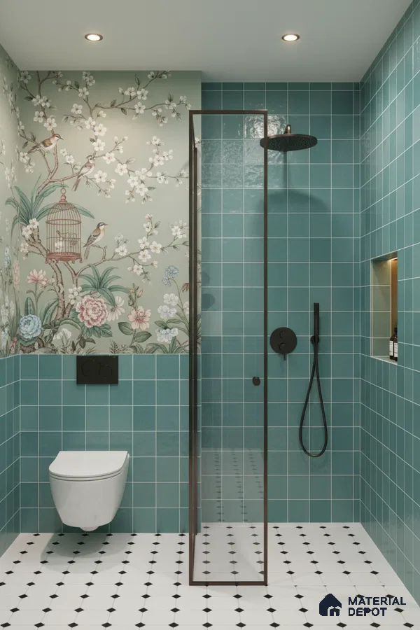 Modern bathroom with teal square wall tiles, chinoiserie floral wallpaper, and black-and-white geometric floor tiles | Material Depot