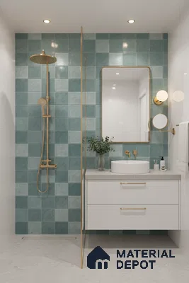 Modern bathroom with teal square wall tiles, white floating vanity, and light grey floor tiles | Material Depot