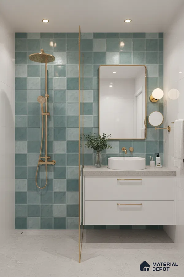 Modern bathroom with teal square wall tiles, white floating vanity, and light grey floor tiles | Material Depot