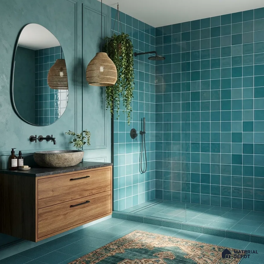 Modern bathroom with teal square wall tiles, wooden floating vanity, and stone basin