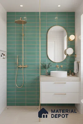 Modern bathroom with teal subway wall tiles, white floating vanity, and beige stone floor tiles | Material Depot