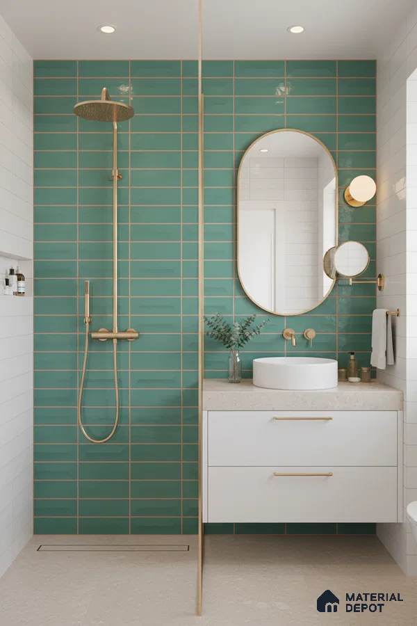 Modern bathroom with teal subway wall tiles, white floating vanity, and beige stone floor tiles | Material Depot