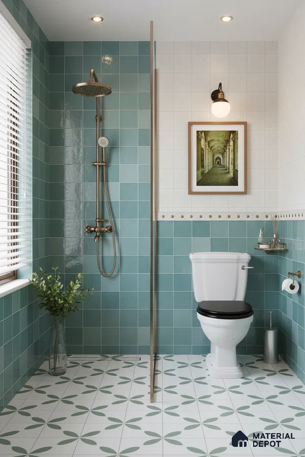 Modern bathroom with teal wall tiles and green geometric patterned floor tiles | Material Depot