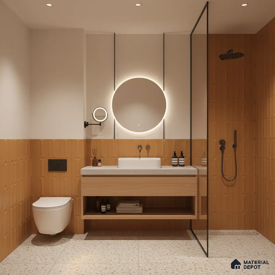 Modern bathroom with terracotta 3D wall tiles and terrazzo floor tiles | Material Depot