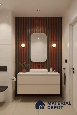 Modern bathroom with terracotta and black fluted wall tiles and marble-look wall tiles | Material Depot