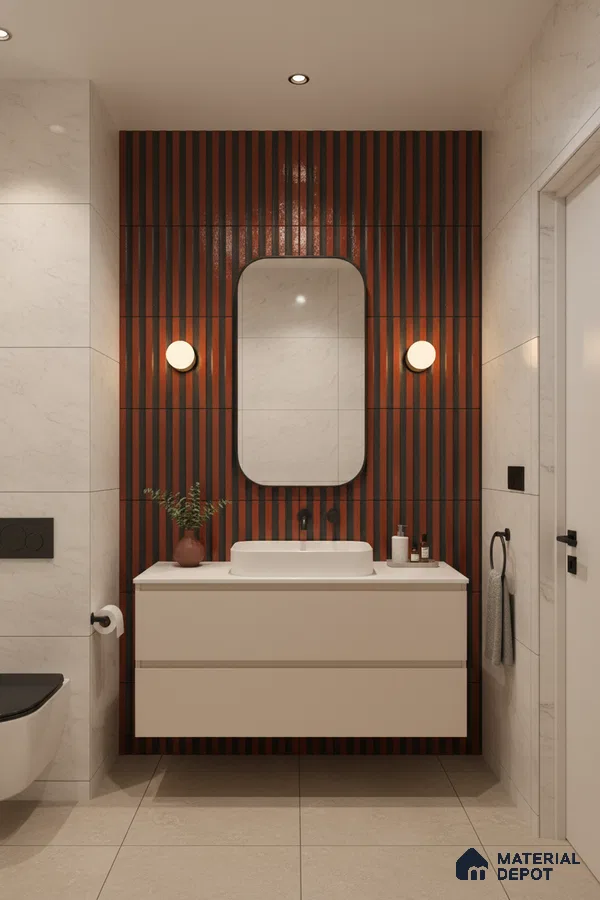 Modern bathroom with terracotta and black fluted wall tiles and marble-look wall tiles | Material Depot