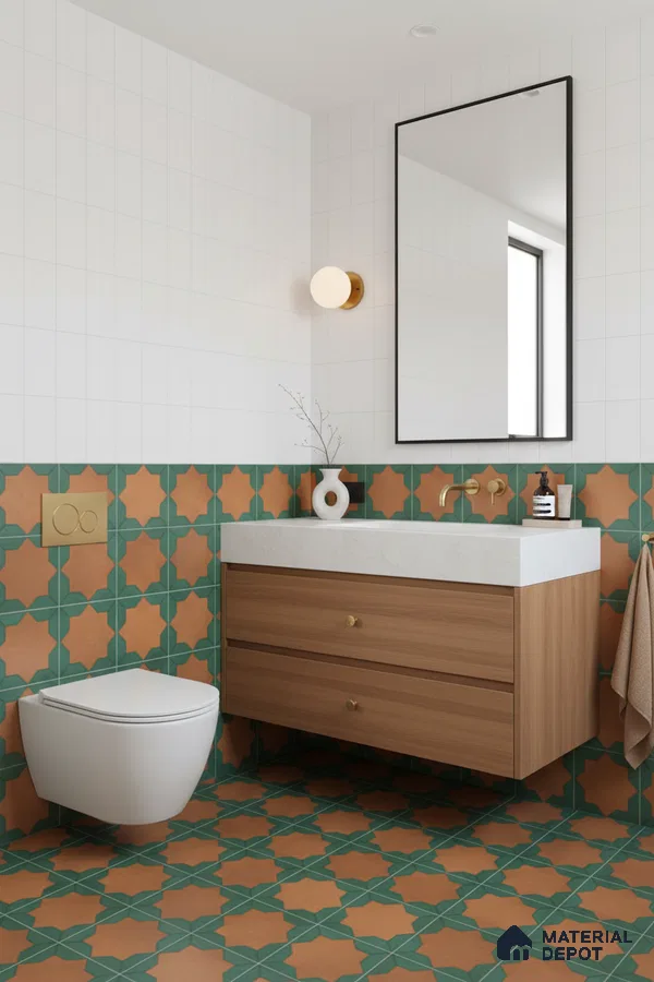 Modern bathroom with terracotta and green geometric moroccan tiles and white grid wall tiles in Bengaluru | Material Depot