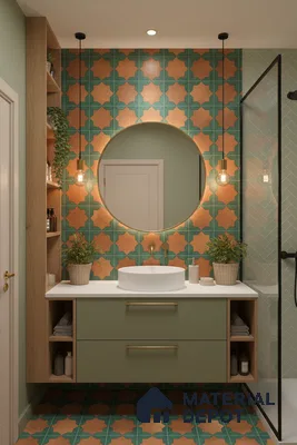 Modern bathroom with terracotta and green moroccan tiles, sage green vanity, and white countertop in Bengaluru | Material Depot