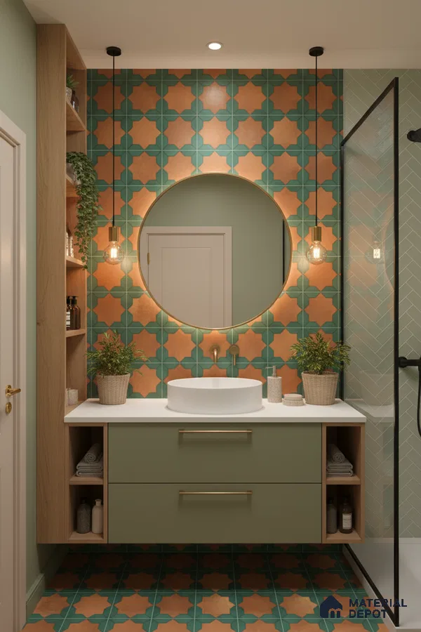 Modern bathroom with terracotta and green moroccan tiles, sage green vanity, and white countertop in Bengaluru | Material Depot