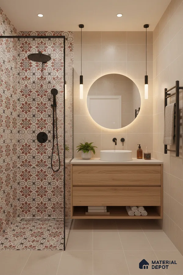 Modern bathroom with terracotta and grey moroccan patterned shower tiles, beige wall tiles, and light oak vanity in Bengaluru | Material Depot