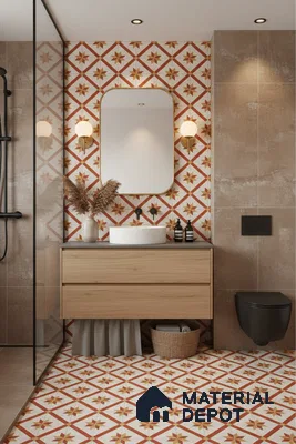 Modern bathroom with terracotta and mustard geometric patterned tiles and light oak vanity in Bengaluru | Material Depot