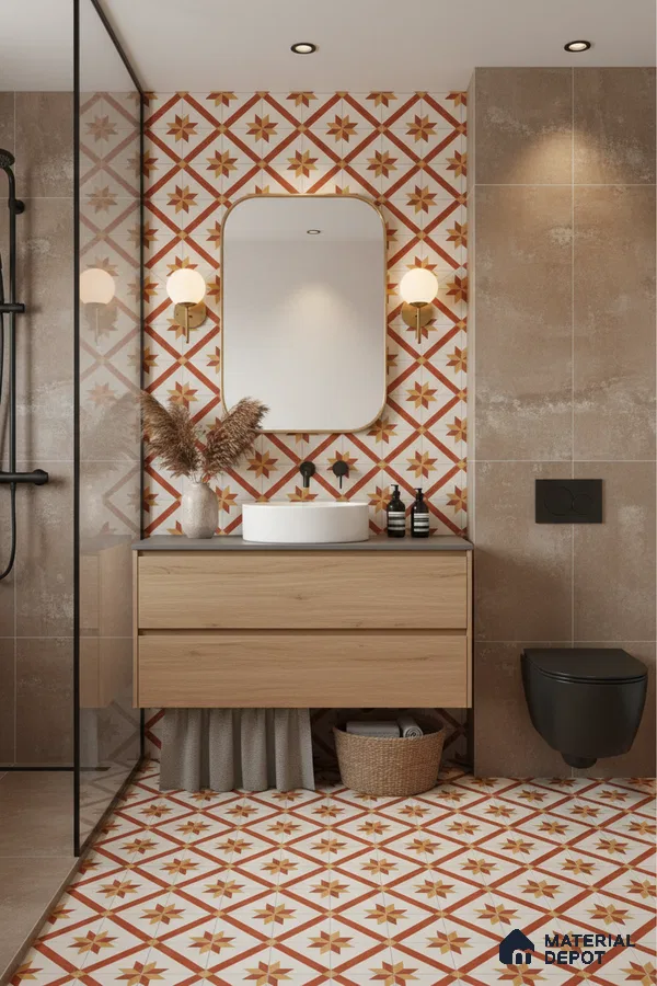 Modern bathroom with terracotta and mustard geometric patterned tiles and light oak vanity in Bengaluru | Material Depot