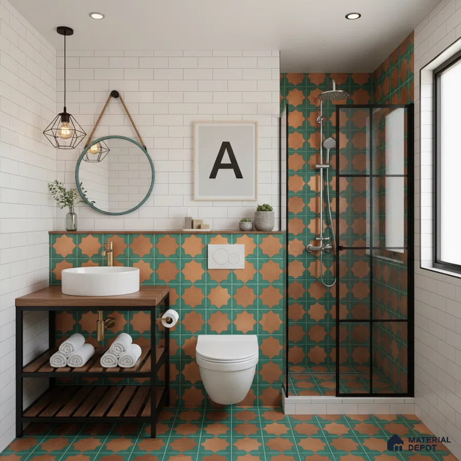 Modern bathroom with terracotta and teal geometric moroccan tiles and white subway wall tiles in Bengaluru | Material Depot