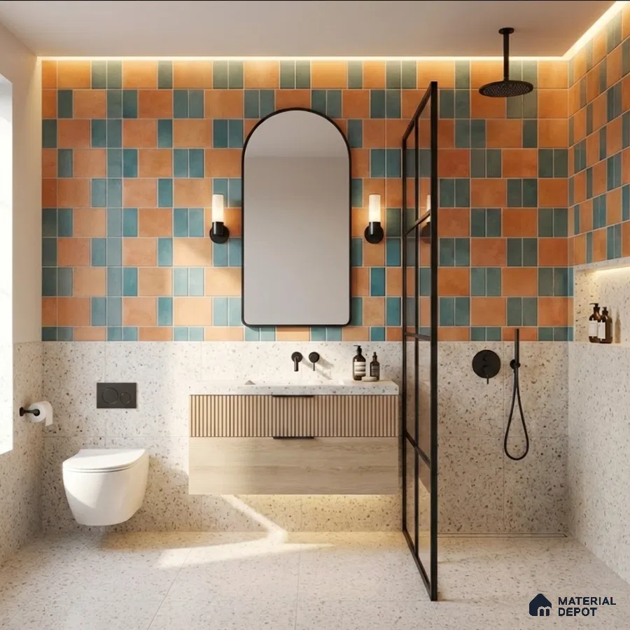 Modern bathroom with terracotta and teal subway wall tiles, terrazzo floor and wall tiles, and fluted wood vanity