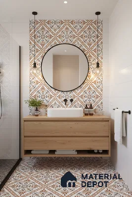 Modern bathroom with terracotta and white patterned moroccan tiles and light oak floating vanity in Bengaluru | Material Depot