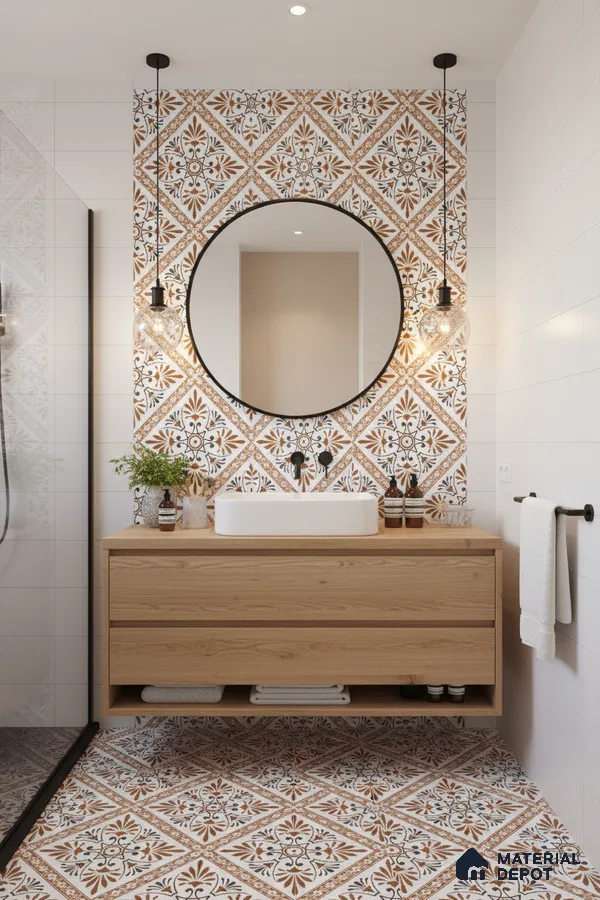 Modern bathroom with terracotta and white patterned moroccan tiles and light oak floating vanity in Bengaluru | Material Depot