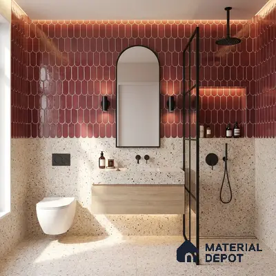 Modern bathroom with terracotta fishscale wall tiles and terrazzo floor and wall tiles