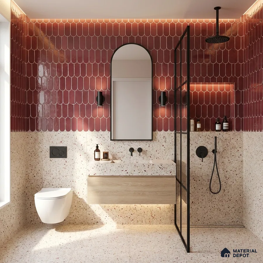 Modern bathroom with terracotta fishscale wall tiles and terrazzo floor and wall tiles