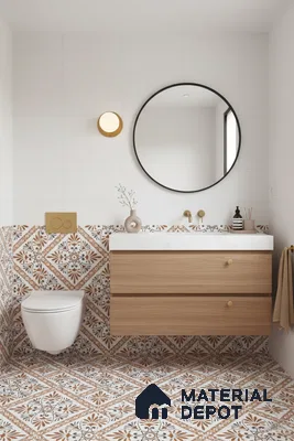 Modern bathroom with terracotta floral patterned tiles and light oak vanity in Bengaluru | Material Depot