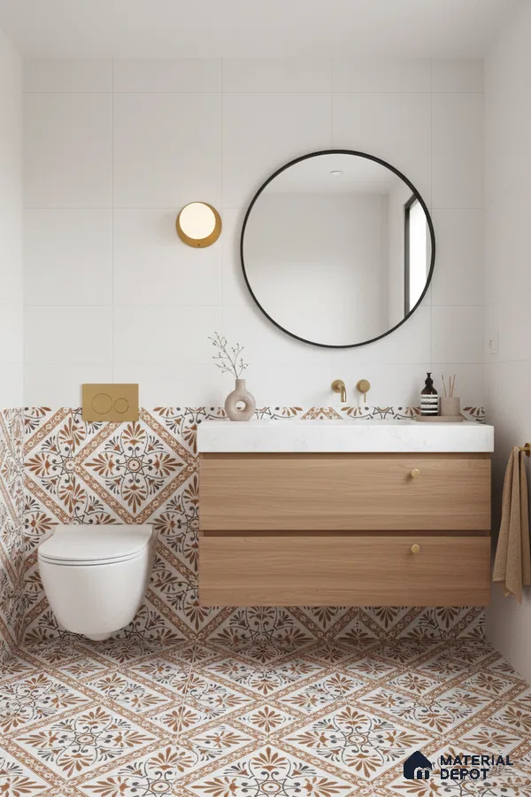Modern bathroom with terracotta floral patterned tiles and light oak vanity in Bengaluru | Material Depot