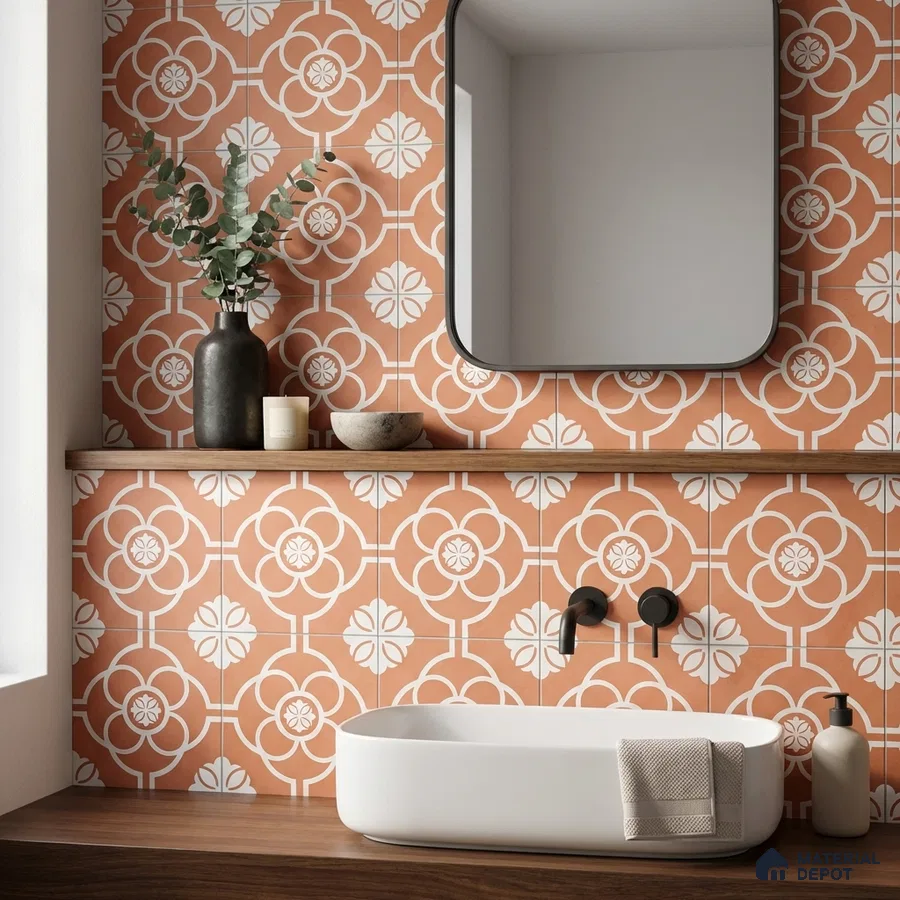 Modern bathroom with terracotta floral patterned wall tiles and walnut wood countertop