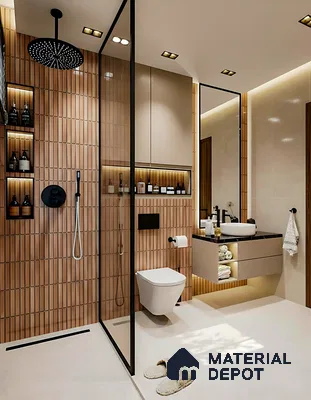 Modern bathroom with terracotta fluted wall tiles and beige floating vanity in Sattva Oppus Whitefield 3 BHK Bengaluru Apartment