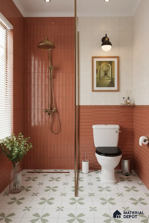Modern bathroom with terracotta fluted wall tiles and green floral patterned floor tiles | Material Depot