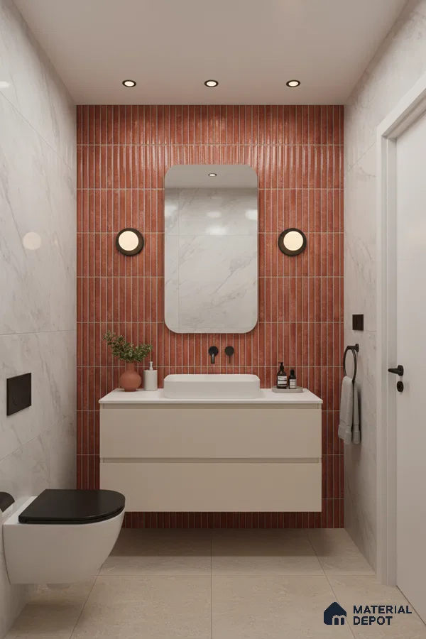 Modern bathroom with terracotta fluted wall tiles and marble-look wall tiles | Material Depot