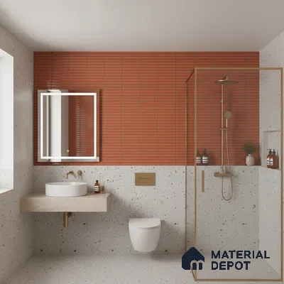 Modern bathroom with terracotta fluted wall tiles and terrazzo floor and wall tiles | Material Depot
