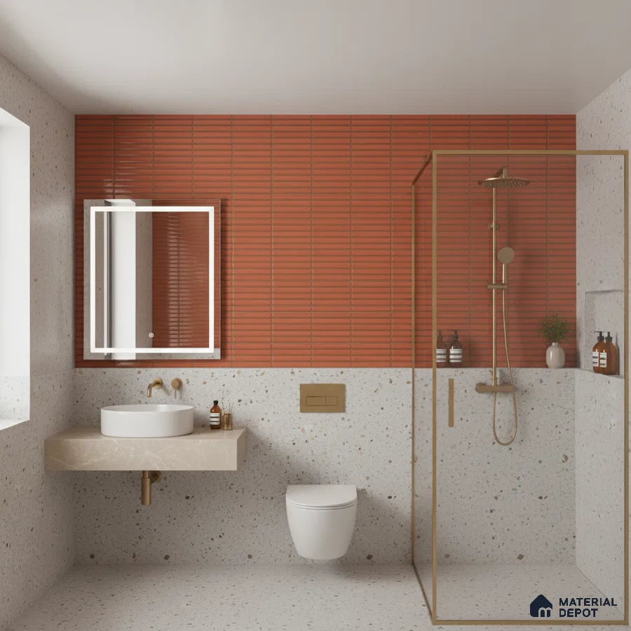 Modern bathroom with terracotta fluted wall tiles and terrazzo floor and wall tiles | Material Depot