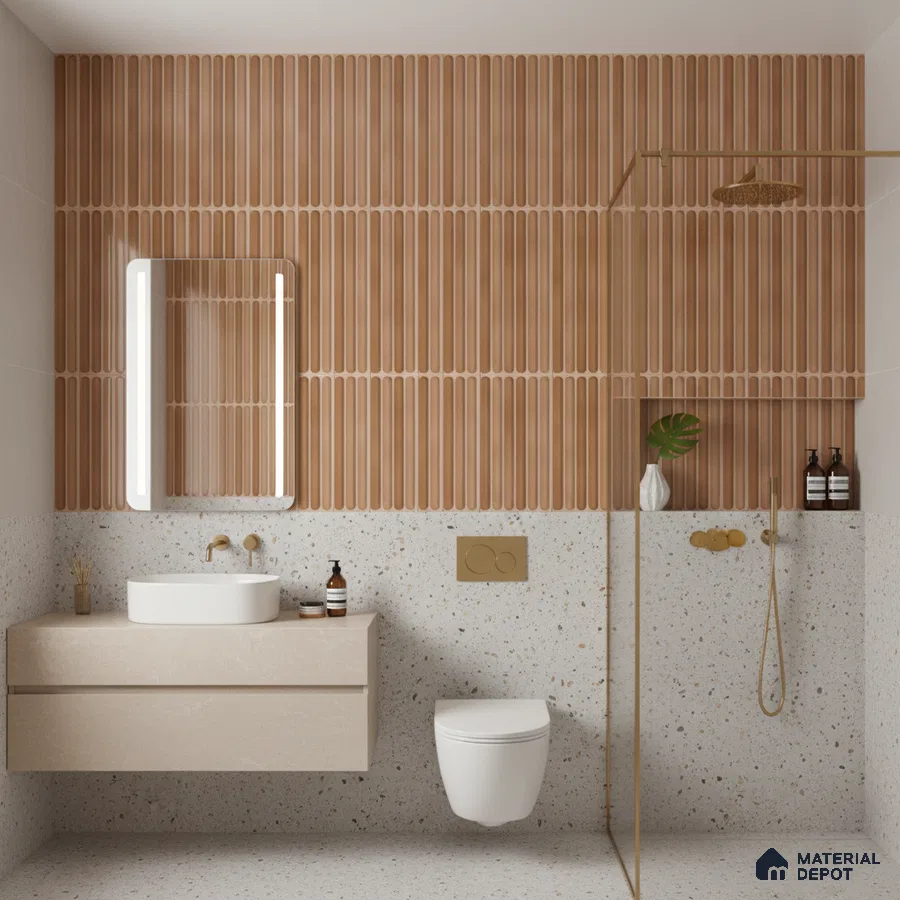 Modern bathroom with terracotta fluted wall tiles and terrazzo floor and wall tiles | Material Depot