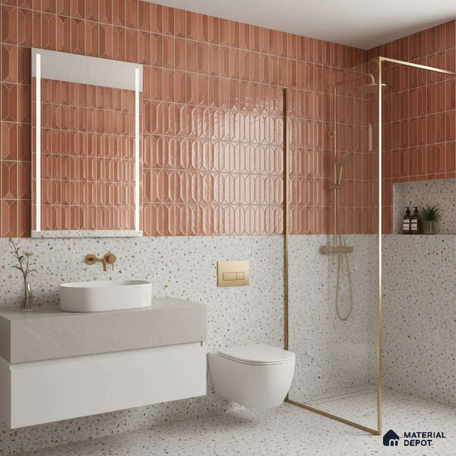 Modern bathroom with terracotta fluted wall tiles and terrazzo floor and wall tiles | Material Depot