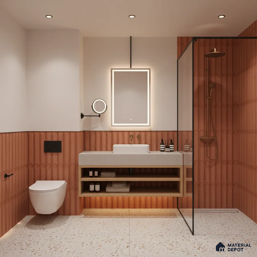 Modern bathroom with terracotta fluted wall tiles and terrazzo floor tiles | Material Depot