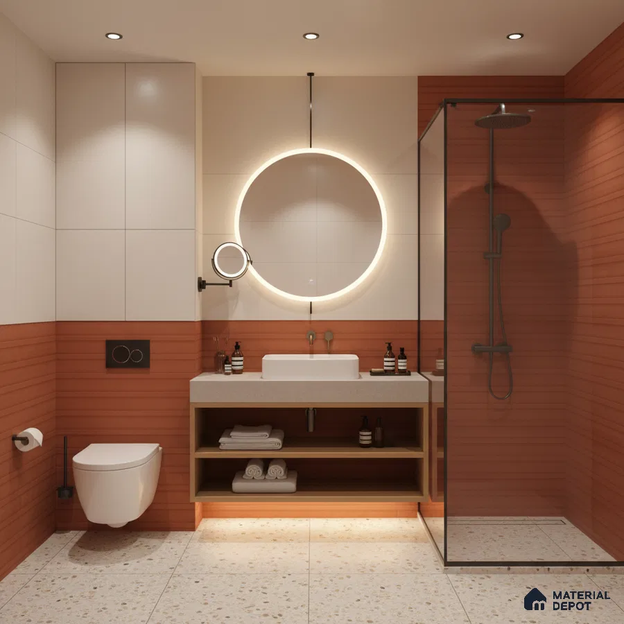 Modern bathroom with terracotta fluted wall tiles and terrazzo floor tiles | Material Depot