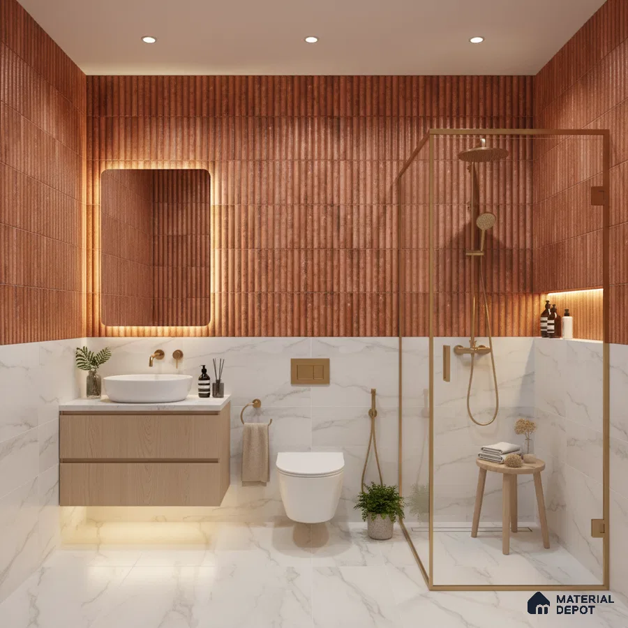 Modern bathroom with terracotta fluted wall tiles and white marble-look floor and wall tiles | Material Depot