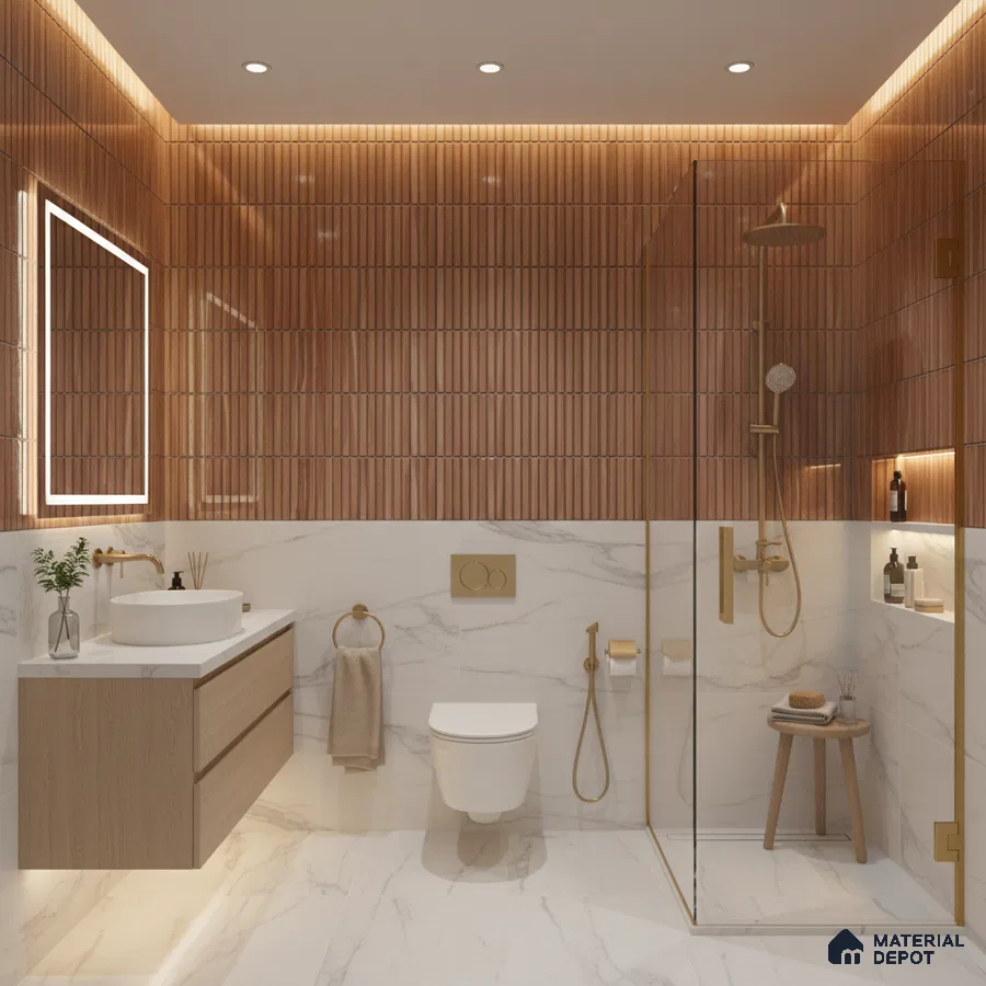 Modern bathroom with terracotta fluted wall tiles and white marble-look floor and wall tiles | Material Depot