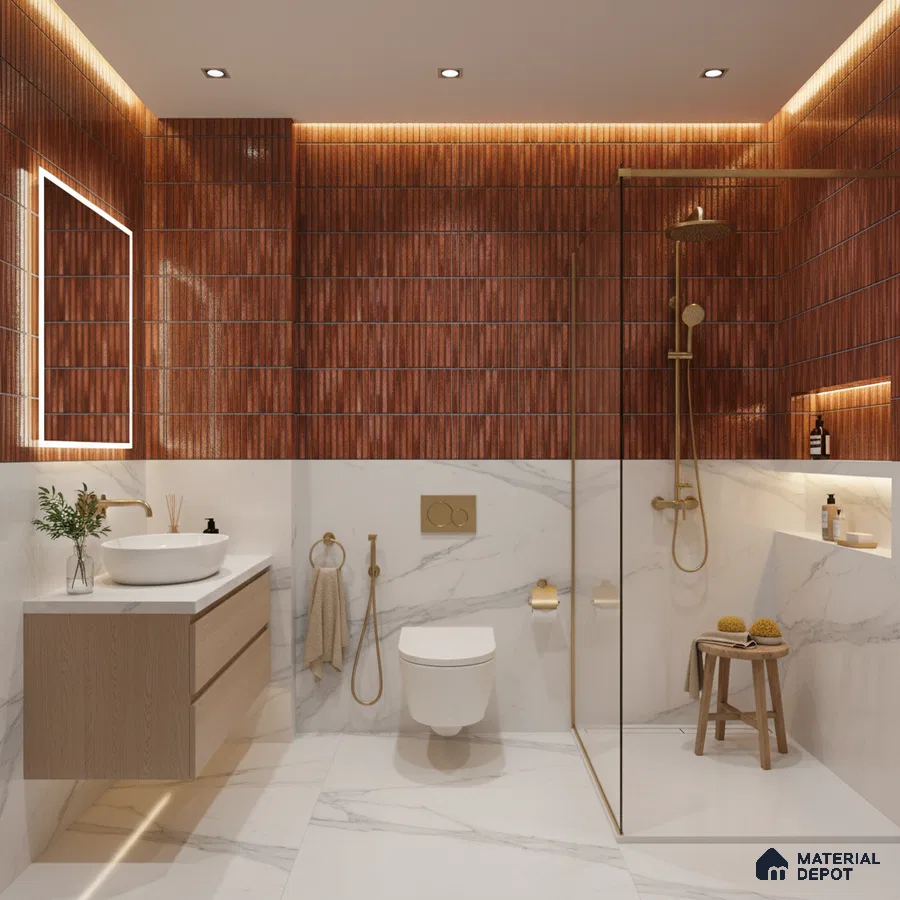 Modern bathroom with terracotta fluted wall tiles and white marble-look floor and wall tiles | Material Depot