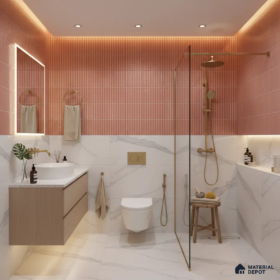 Modern bathroom with terracotta fluted wall tiles and white marble-look floor and wall tiles | Material Depot