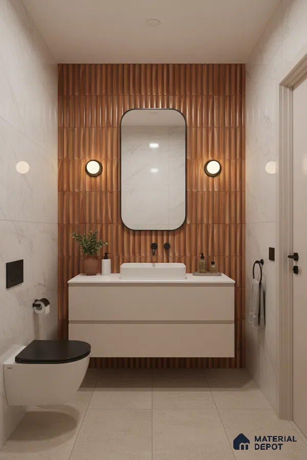 Modern bathroom with terracotta fluted wall tiles and white marble-look wall tiles | Material Depot