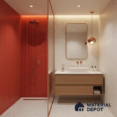 Modern bathroom with terracotta fluted wall tiles, terrazzo floor and wall tiles, and floating wood vanity | Material Depot
