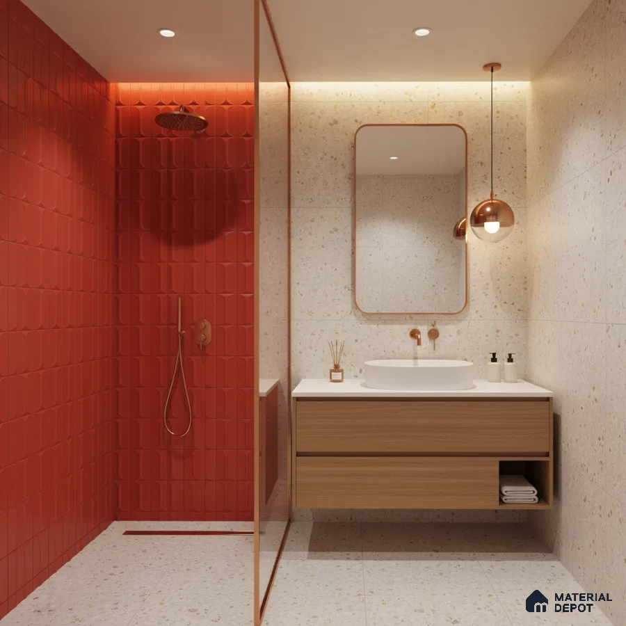 Modern bathroom with terracotta fluted wall tiles, terrazzo floor and wall tiles, and floating wood vanity | Material Depot