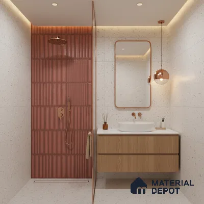 Modern bathroom with terracotta fluted wall tiles, terrazzo wall and floor tiles, and wood vanity | Material Depot