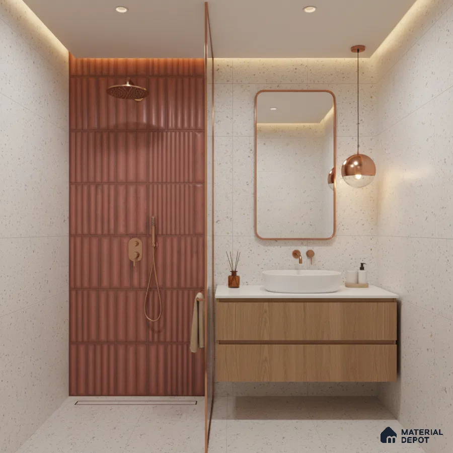 Modern bathroom with terracotta fluted wall tiles, terrazzo wall and floor tiles, and wood vanity | Material Depot