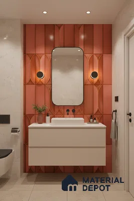 Modern bathroom with terracotta geometric highlighter wall tiles and white floating vanity | Material Depot